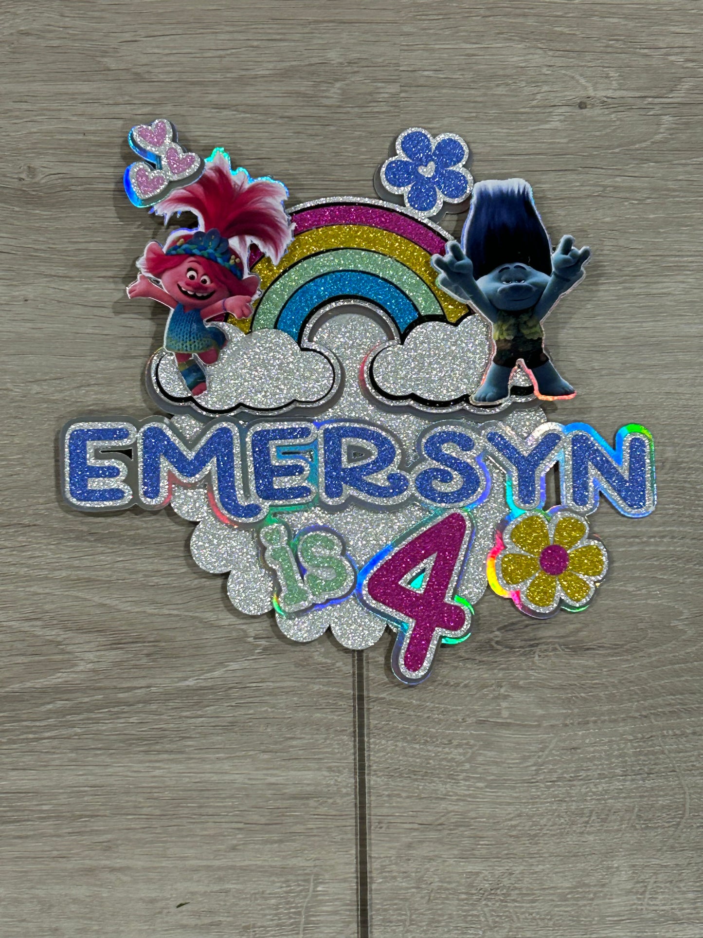Emersyn is 4 - Troll themed cake topper