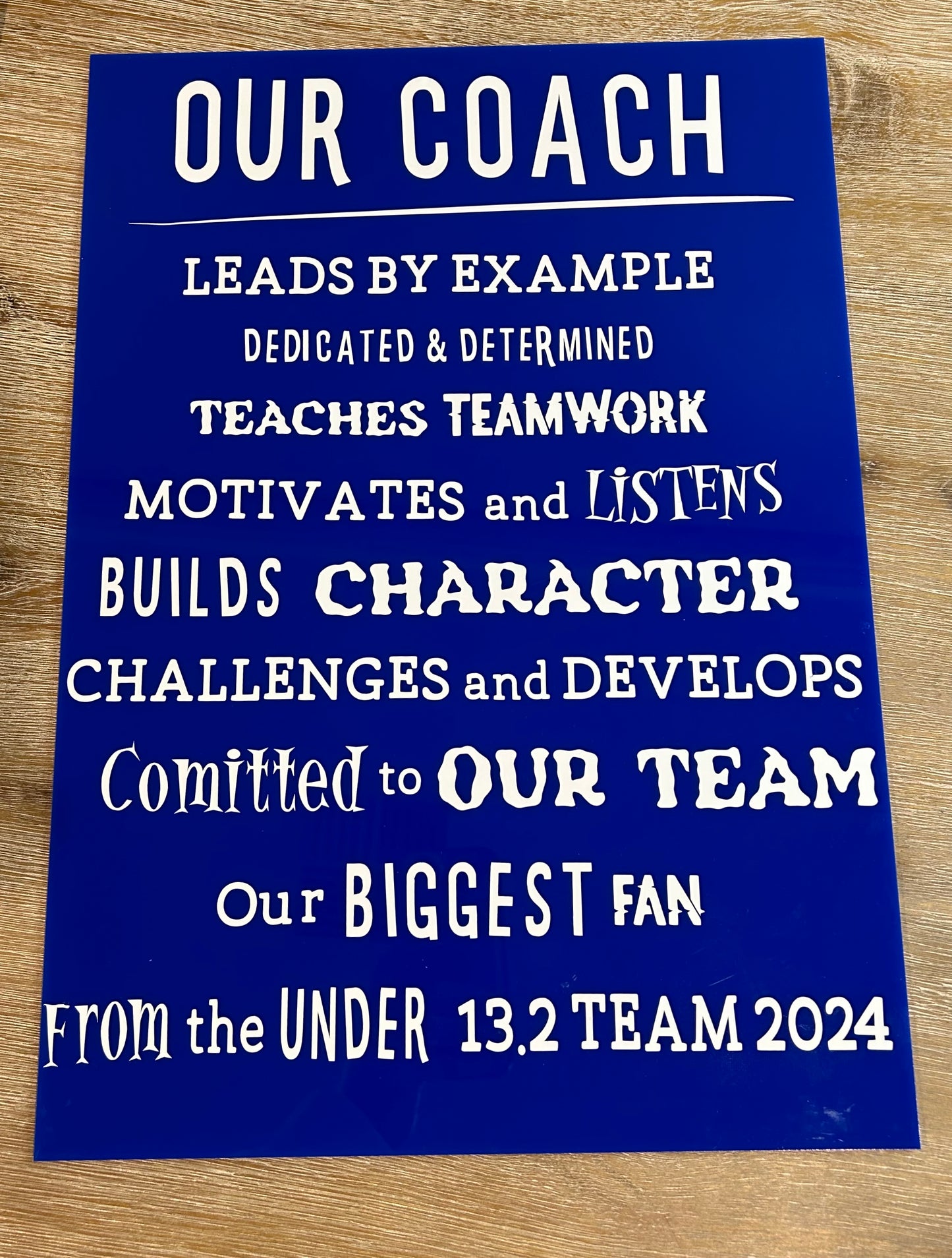 A3 appreciation board for a coach of the footy team