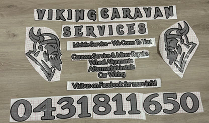 Car window decal signs for Viking Caravan Services