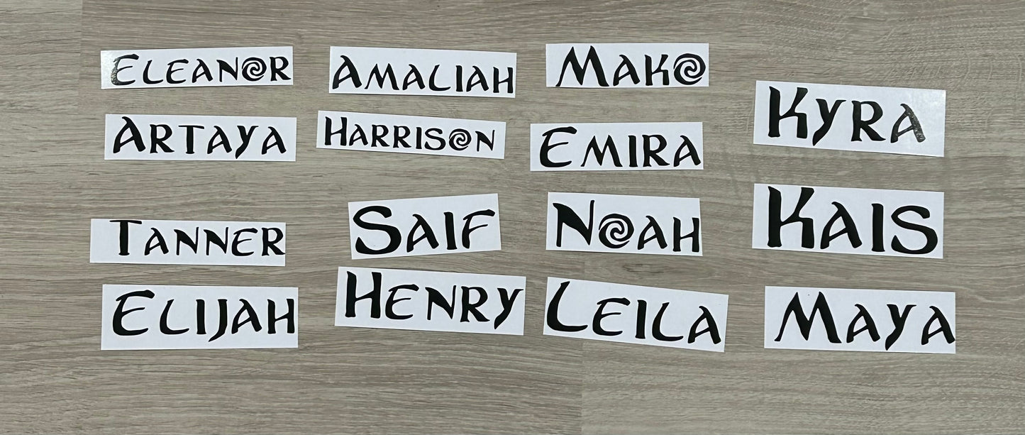 Moana font name stickers for party boxes