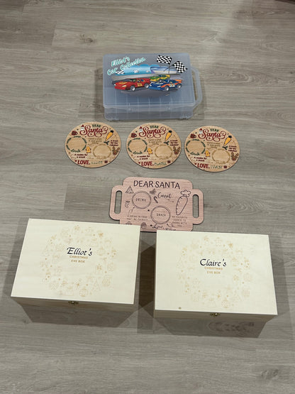 Name applied to Christmas boards& boxes & a sticker to container