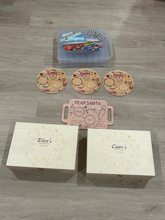 Name applied to Christmas boards& boxes & a sticker to container