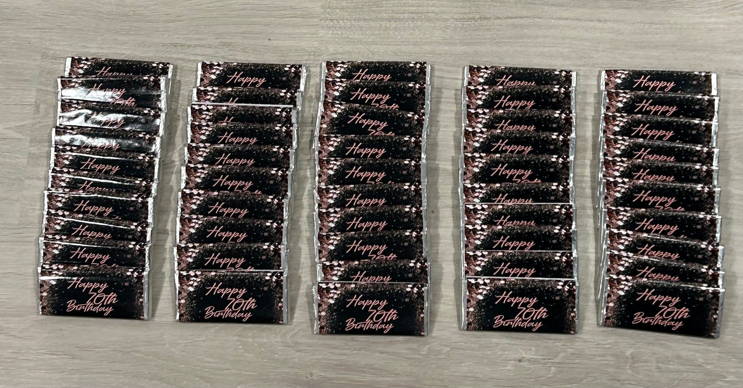 70th Birthday Party Pack - chocolates, lollipops, candles & a stubby holder