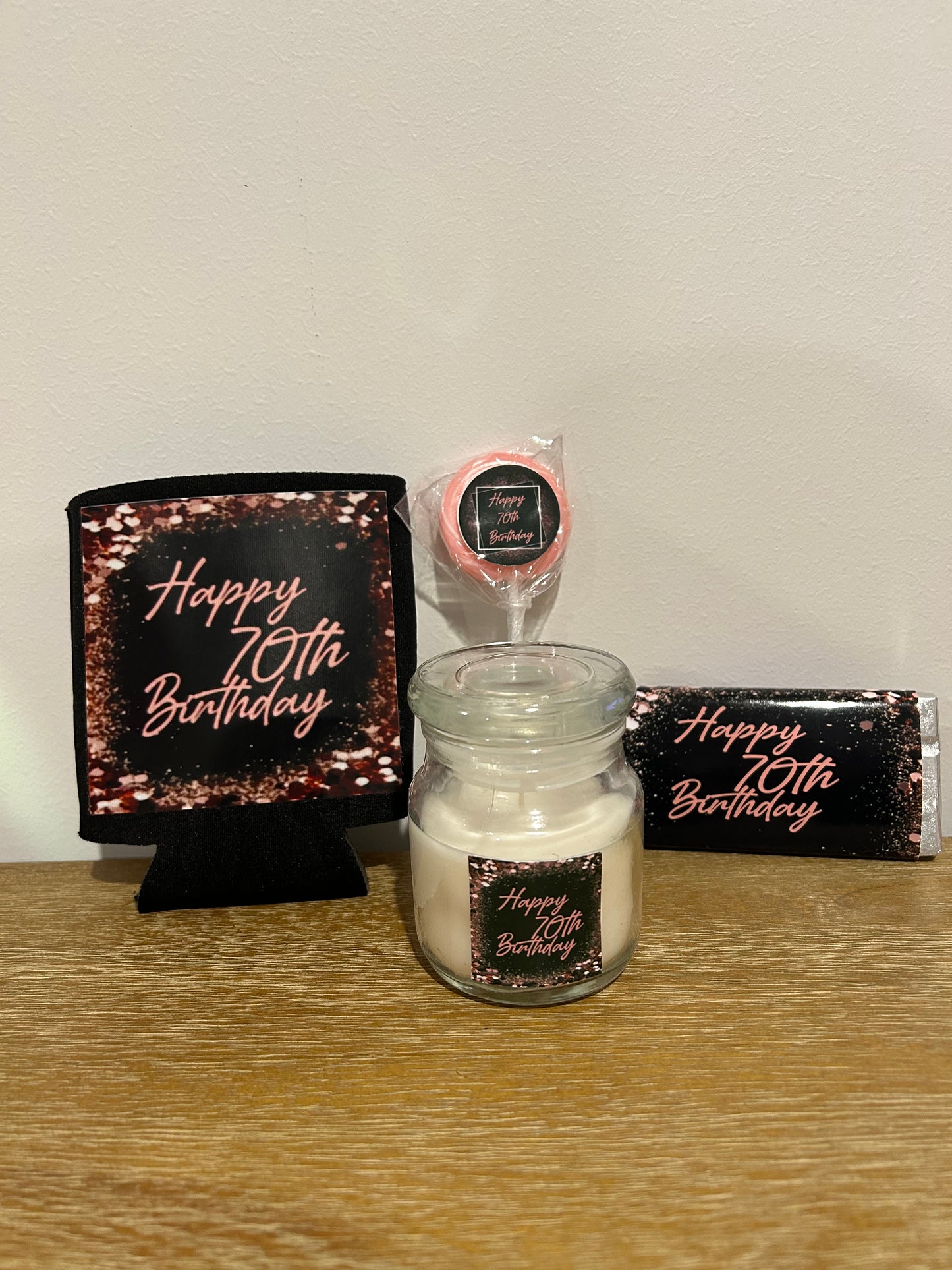 70th Birthday Party Pack - chocolates, lollipops, candles & a stubby holder