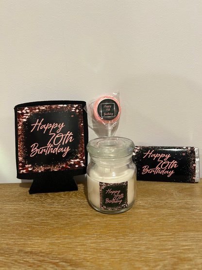 70th Birthday Party Pack - chocolates, lollipops, candles & a stubby holder